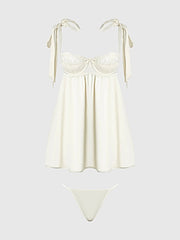ROSALIE SATIN & EMBROIDERED LACE BABYDOLL & G-STRING SET -
