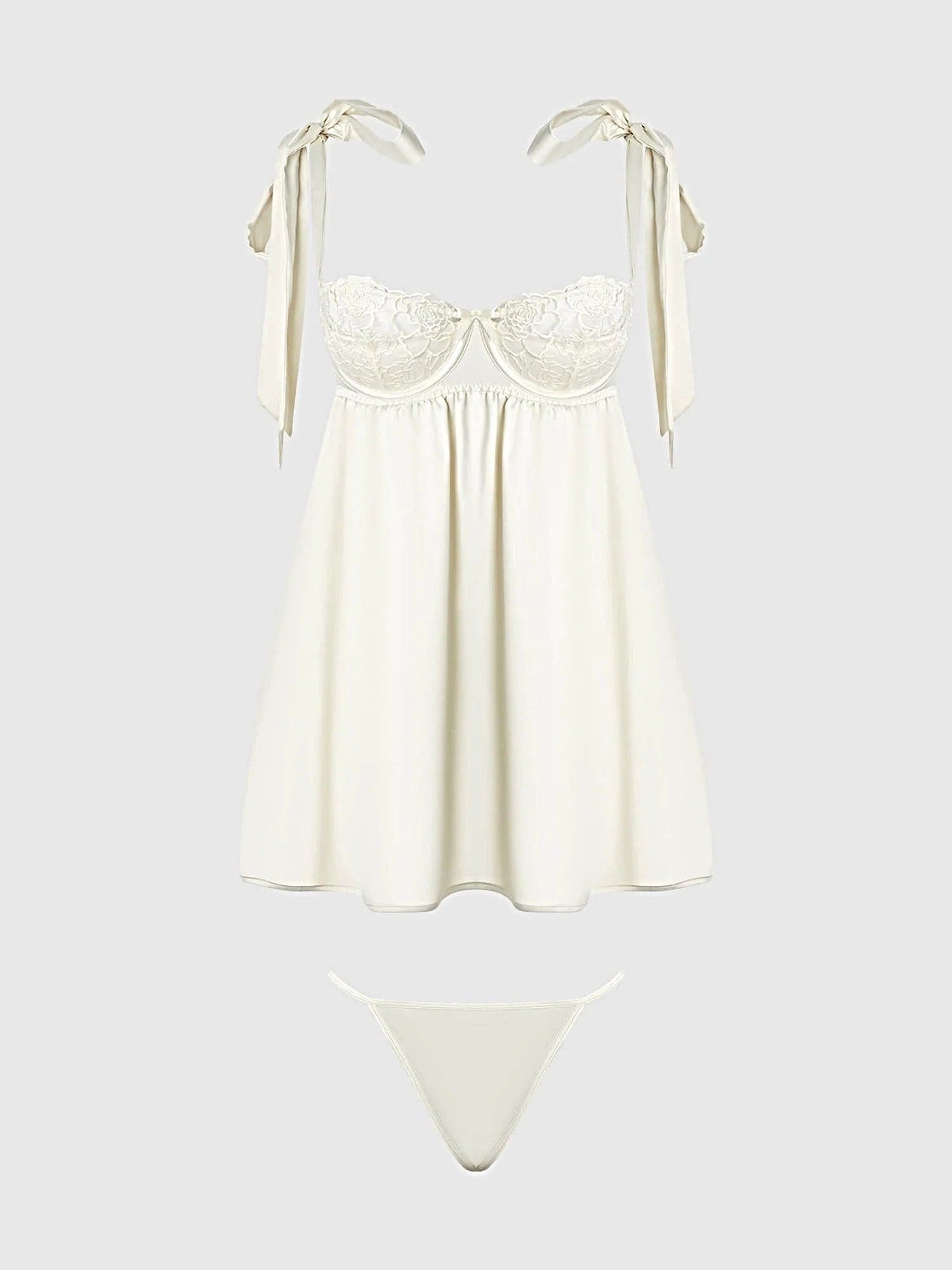 ROSALIE SATIN & EMBROIDERED LACE BABYDOLL & G-STRING SET -