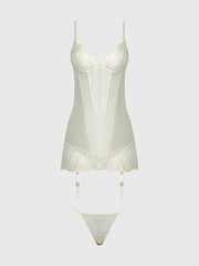 ROSALIE SATIN & EMBROIDERED LACE CHEMISE & G-STRING SET -
