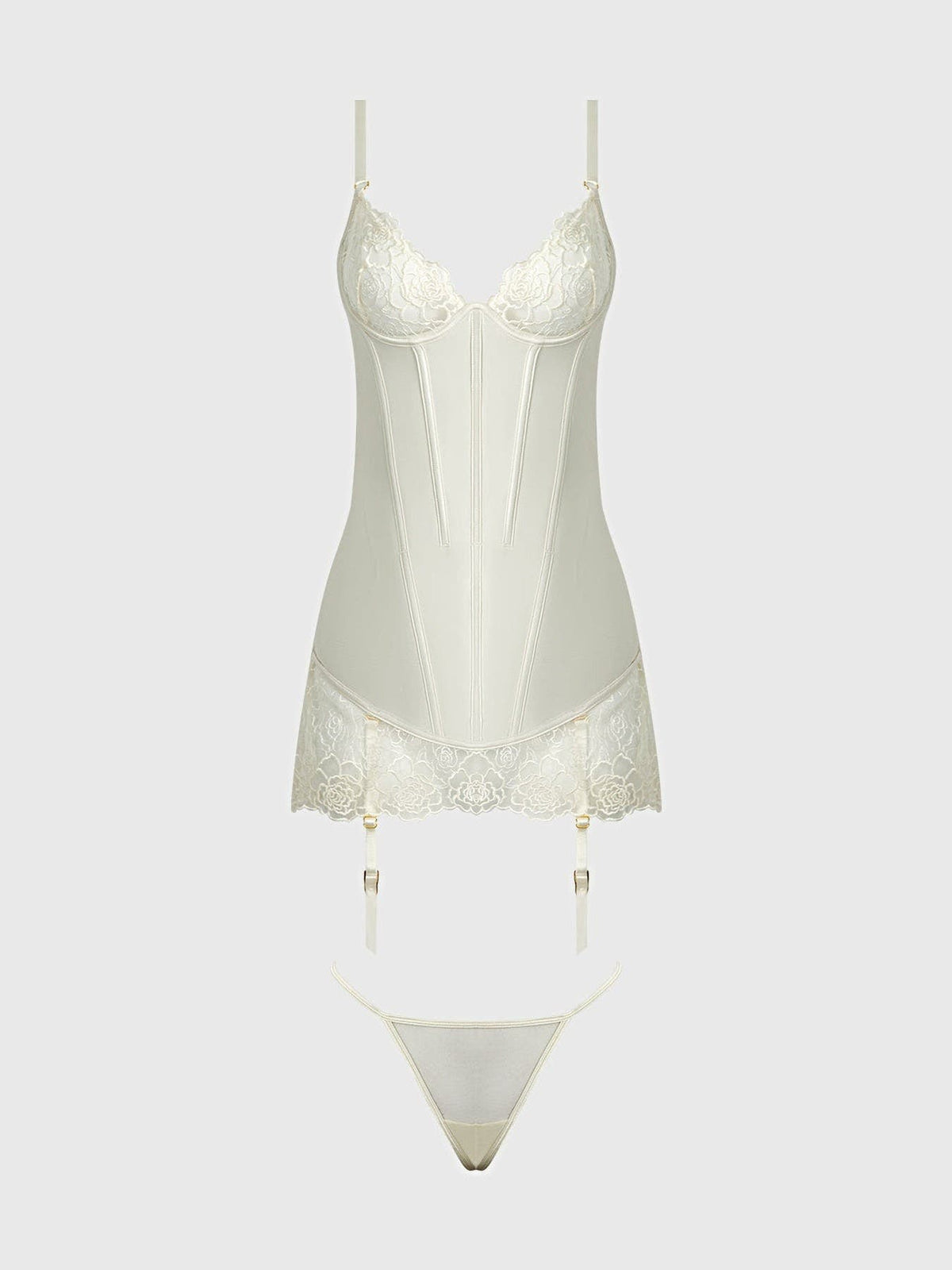 ROSALIE SATIN & EMBROIDERED LACE CHEMISE & G-STRING SET -