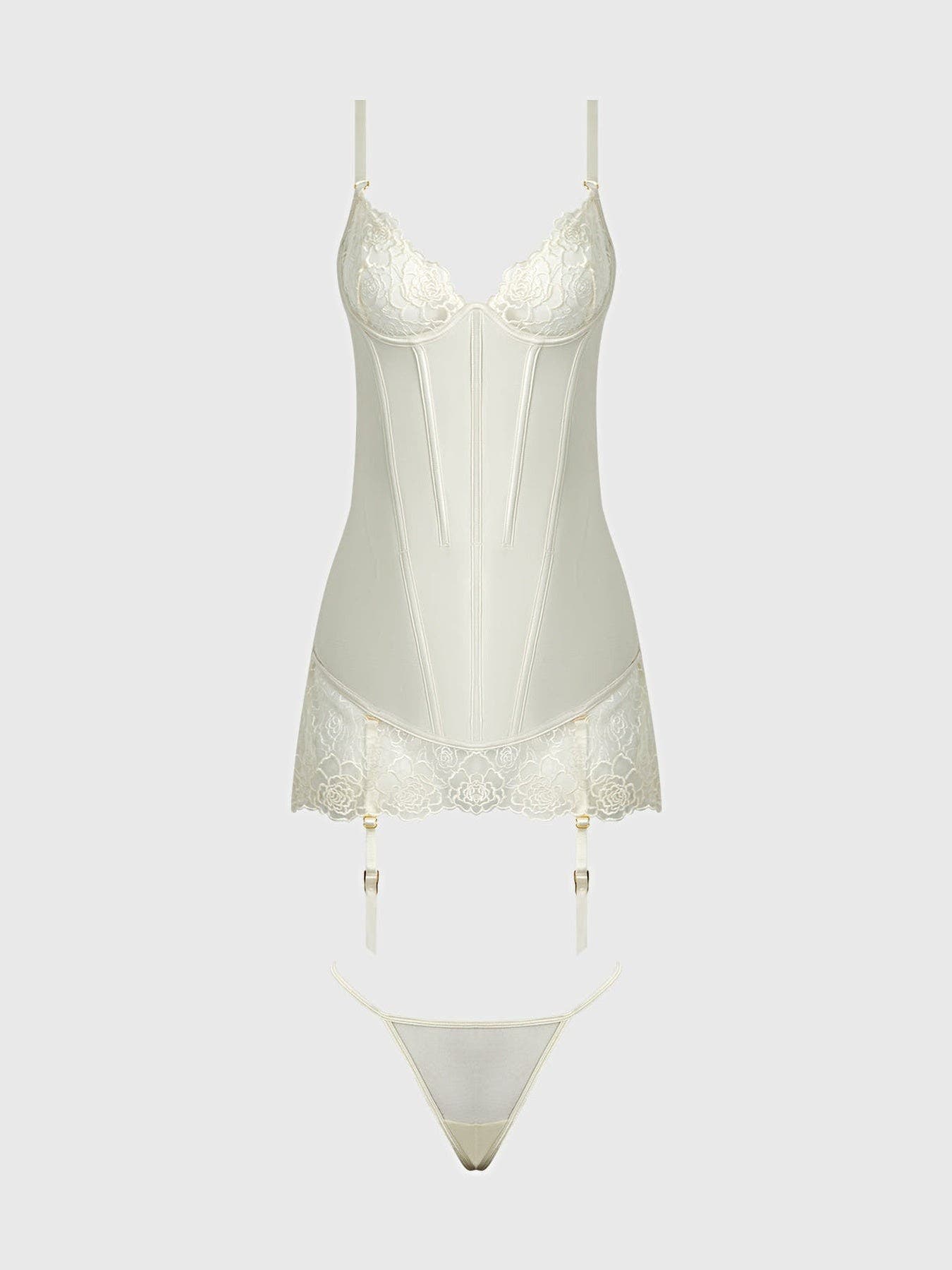 ROSALIE SATIN & EMBROIDERED LACE CHEMISE & G-STRING SET -