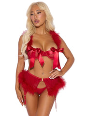 MARILYN MARABOU & MESH OPENABLE BRA, GARTER, & G-STRING SET -