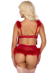 MARILYN MARABOU & MESH OPENABLE BRA, GARTER, & G-STRING SET -
