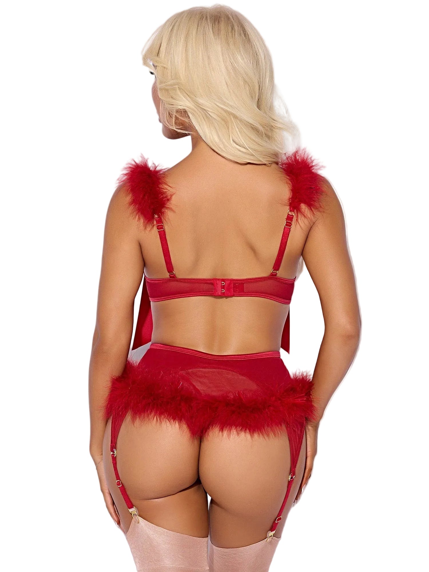 MARILYN MARABOU & MESH OPENABLE BRA, GARTER, & G-STRING SET -