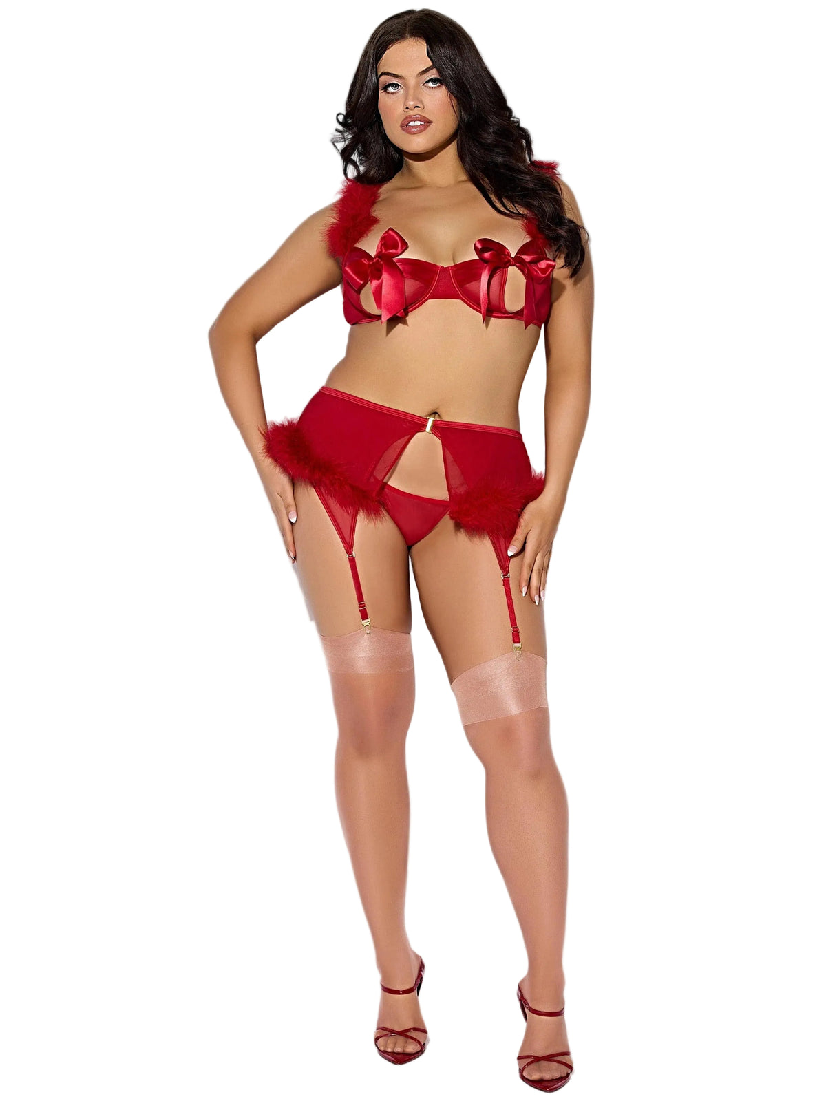 MARILYN MARABOU & MESH OPENABLE BRA, GARTER, & G-STRING SET -