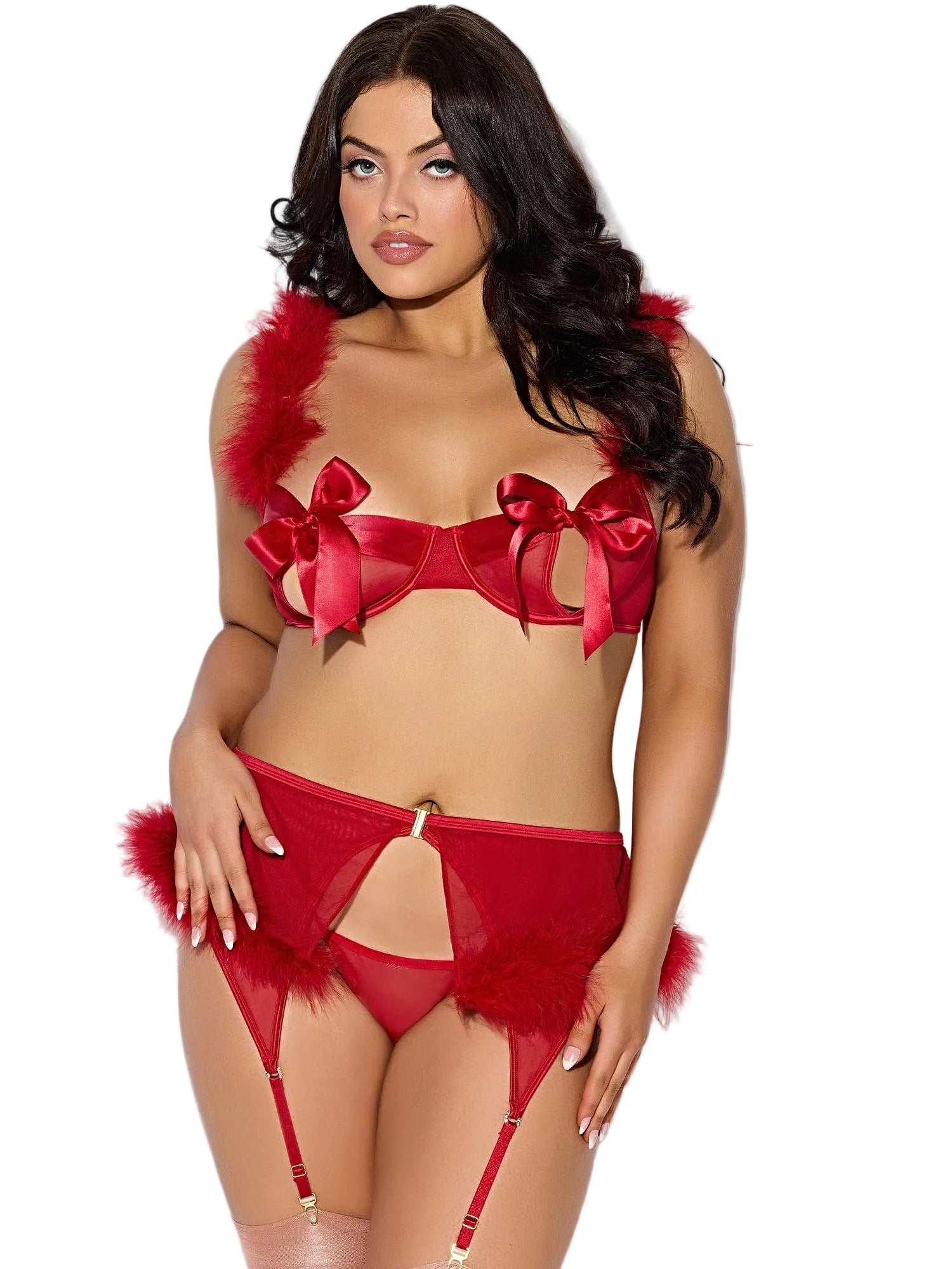 MARILYN MARABOU & MESH OPENABLE BRA, GARTER, & G-STRING SET -