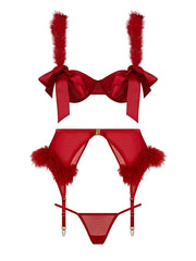 MARILYN MARABOU & MESH OPENABLE BRA, GARTER, & G-STRING SET -