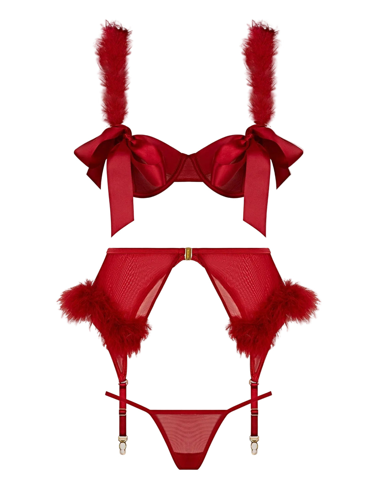 MARILYN MARABOU & MESH OPENABLE BRA, GARTER, & G-STRING SET -