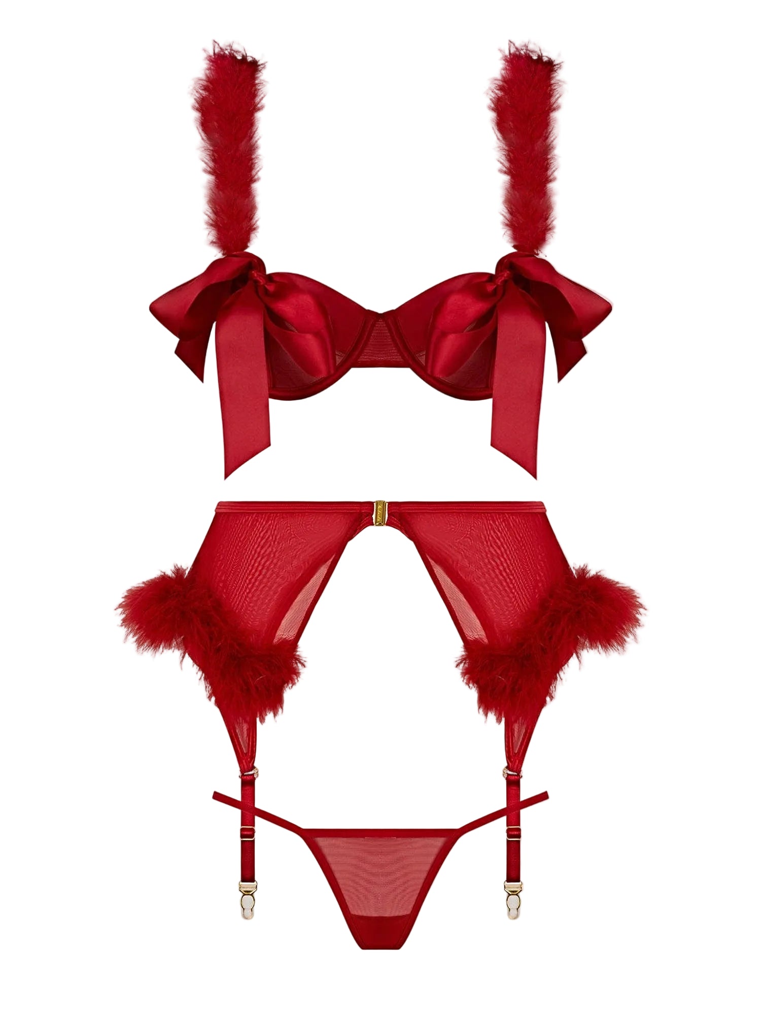 MARILYN MARABOU & MESH OPENABLE BRA, GARTER, & G-STRING SET -
