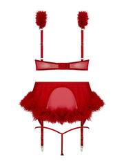MARILYN MARABOU & MESH OPENABLE BRA, GARTER, & G-STRING SET -