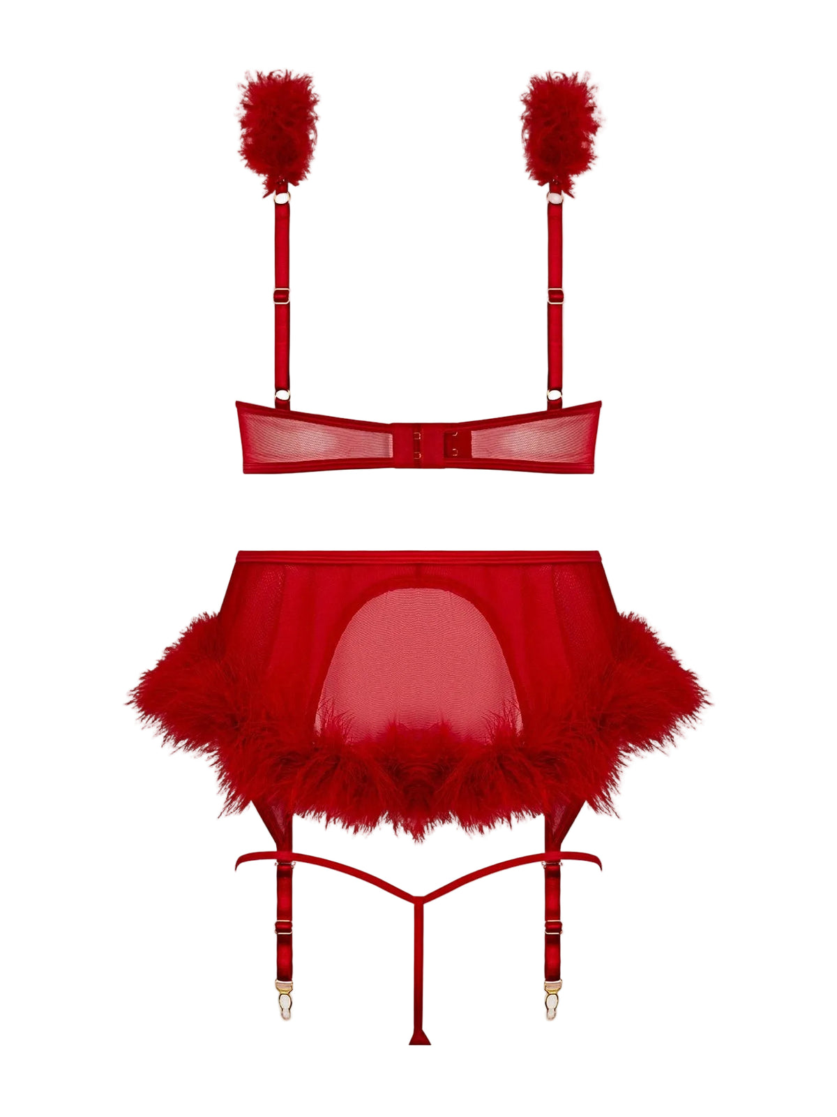 MARILYN MARABOU & MESH OPENABLE BRA, GARTER, & G-STRING SET -