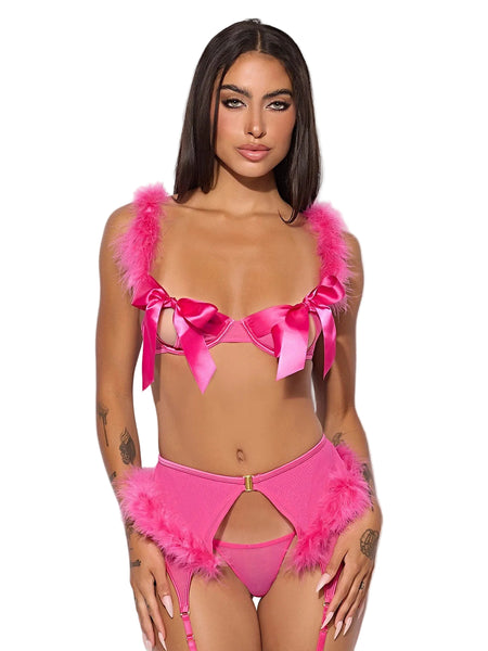 MARILYN MARABOU & MESH OPENABLE BRA, GARTER, & G-STRING SET -