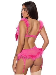 MARILYN MARABOU & MESH OPENABLE BRA, GARTER, & G-STRING SET -