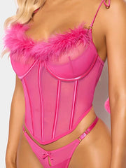 MARILYN MARABOU & MESH TIE SHOULDER BUSTIER & G-STRING SET -