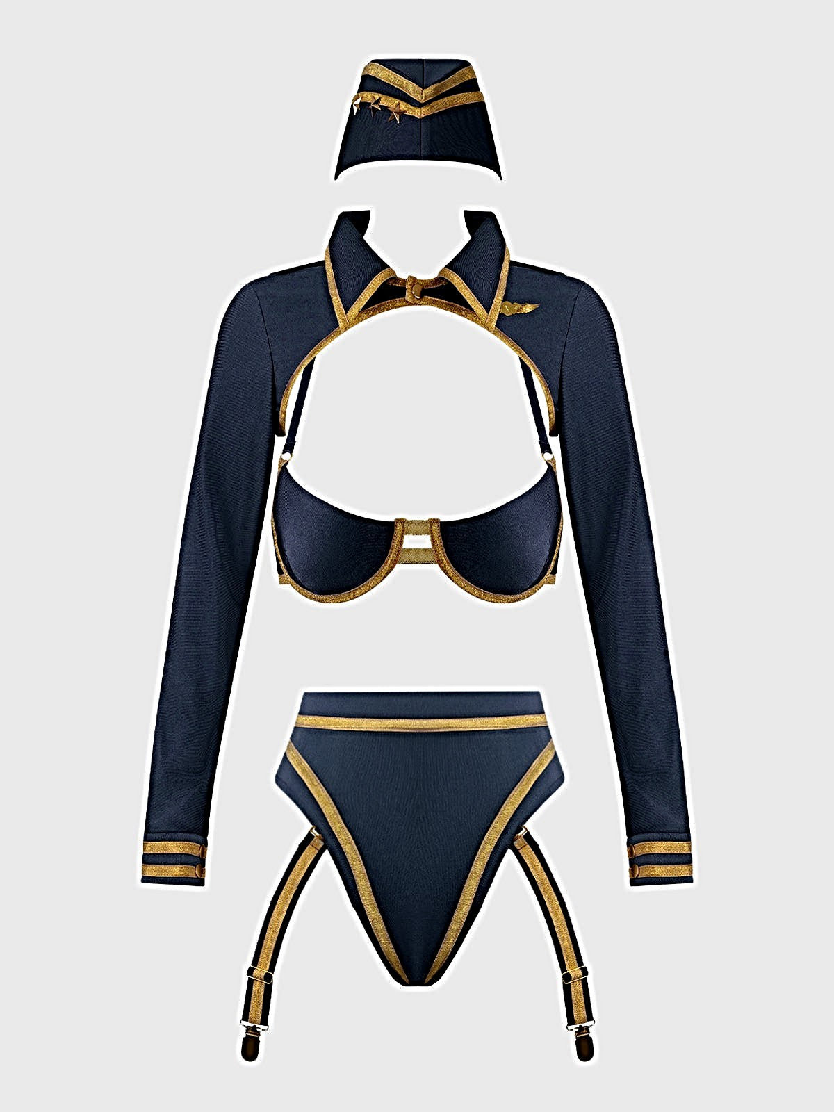 FLYING HIGH PILOT BRA TOP, HIWAIST PANTY & HAT SET -