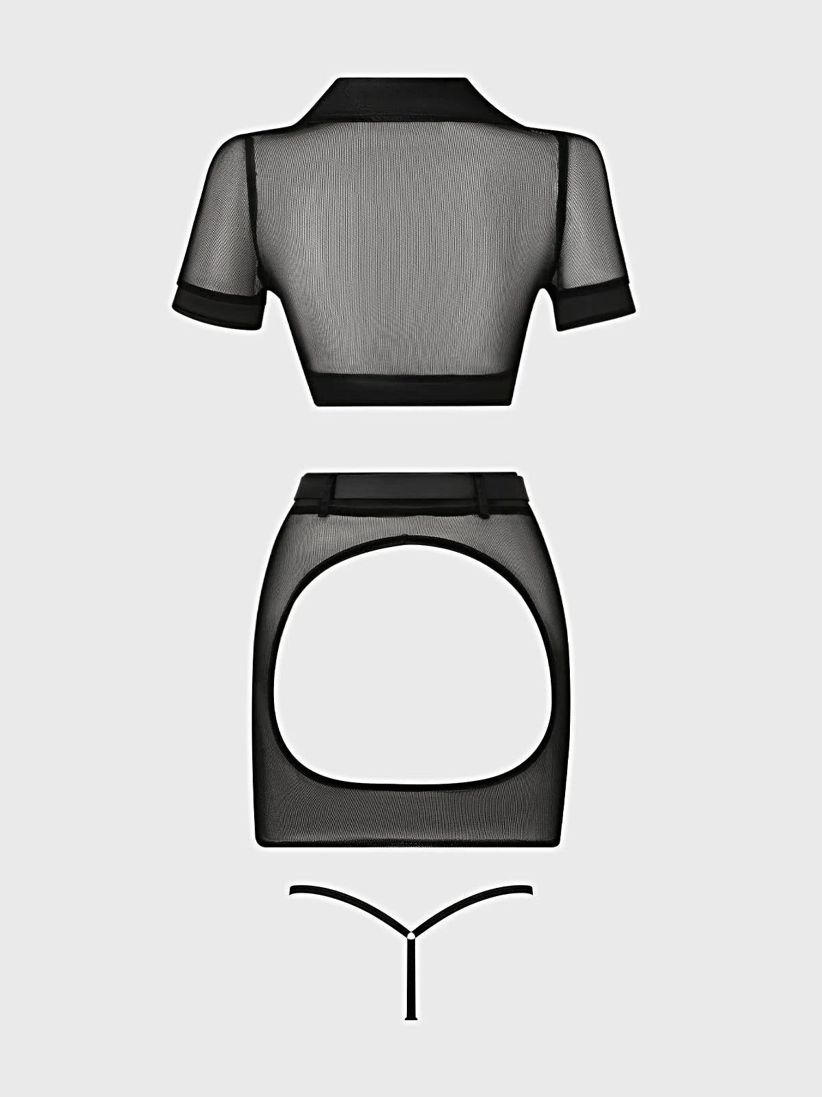 UNDER ARREST MESH TOP, OPEN BACK SKIRT, & CUFFS SET -