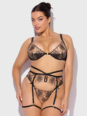 DELILAH EMBROIDERED PUSH UP BRA, GARTER & THONG SET -