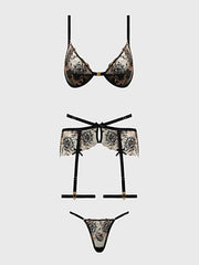 DELILAH EMBROIDERED PUSH UP BRA, GARTER & THONG SET -
