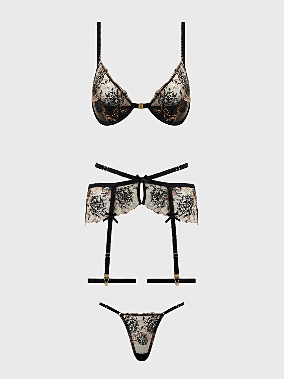 DELILAH EMBROIDERED PUSH UP BRA, GARTER & THONG SET -