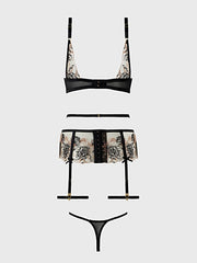 DELILAH EMBROIDERED PUSH UP BRA, GARTER & THONG SET -