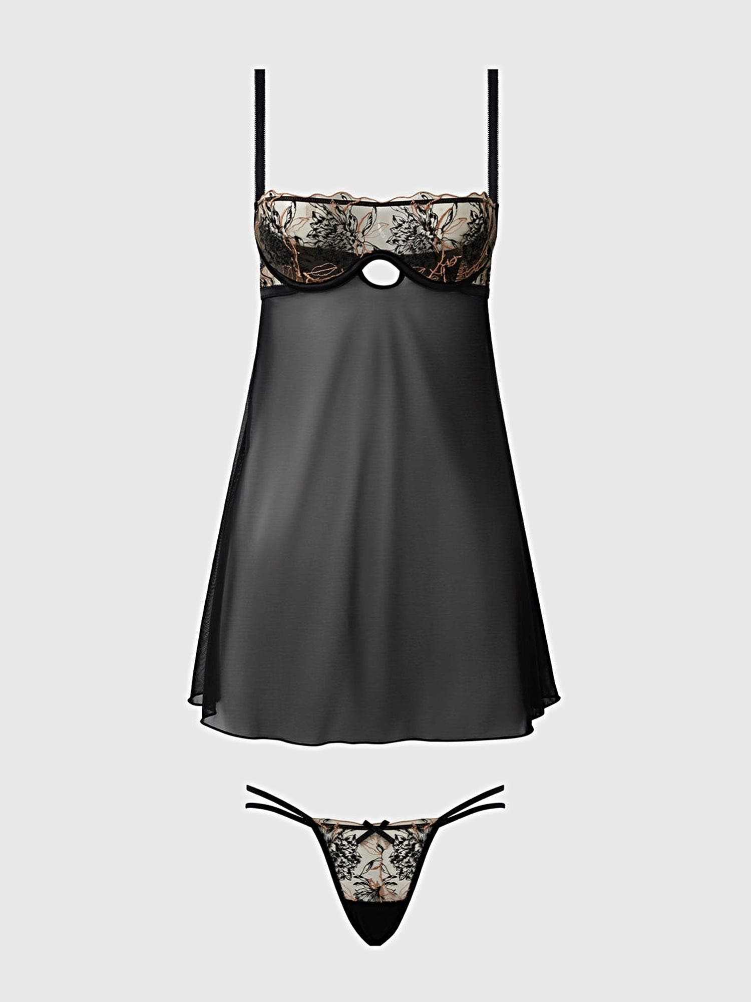 DELILAH EMBROIDERED & MESH MONOWIRE BABYDOLL SET -