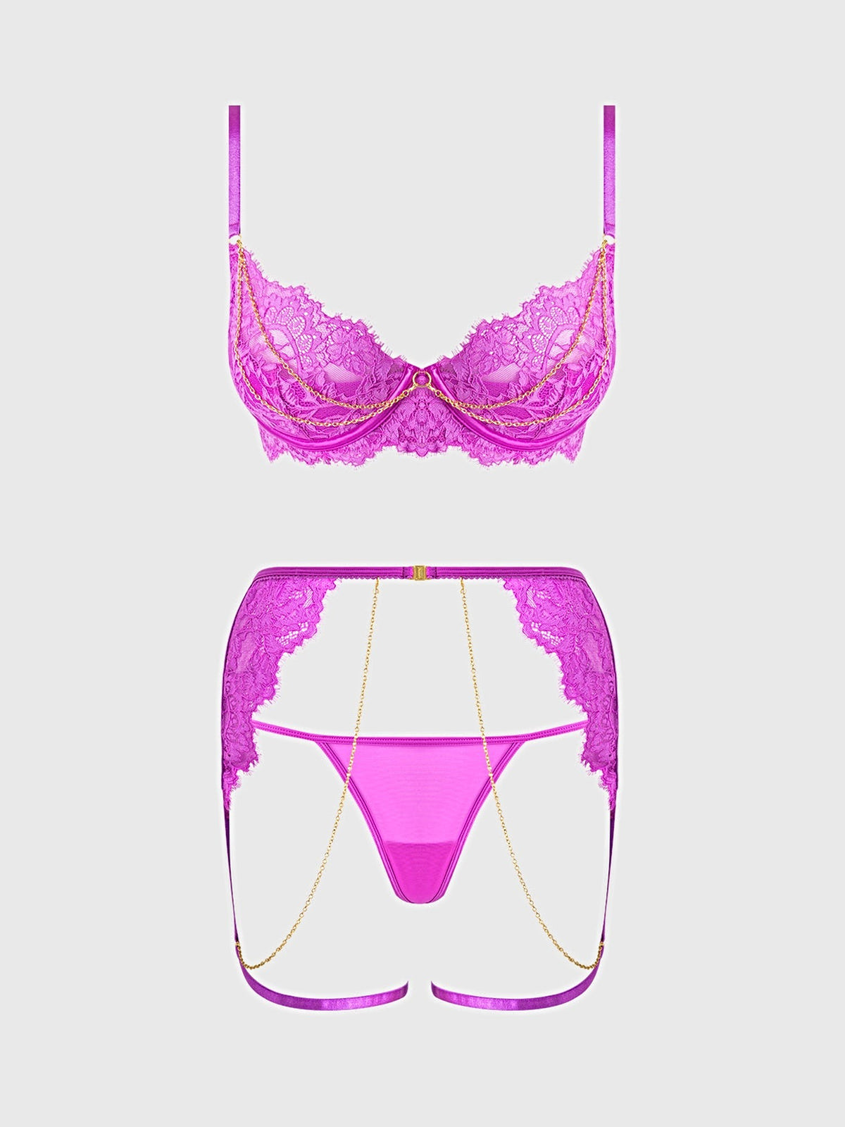 REANNA LACE & CHAIN BRA, GARTER & G-STRING SET -