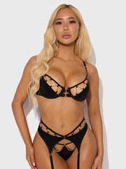 EVANGELINE SATIN & CHAIN BRA, THIGH GARTER & G-STRING SET -