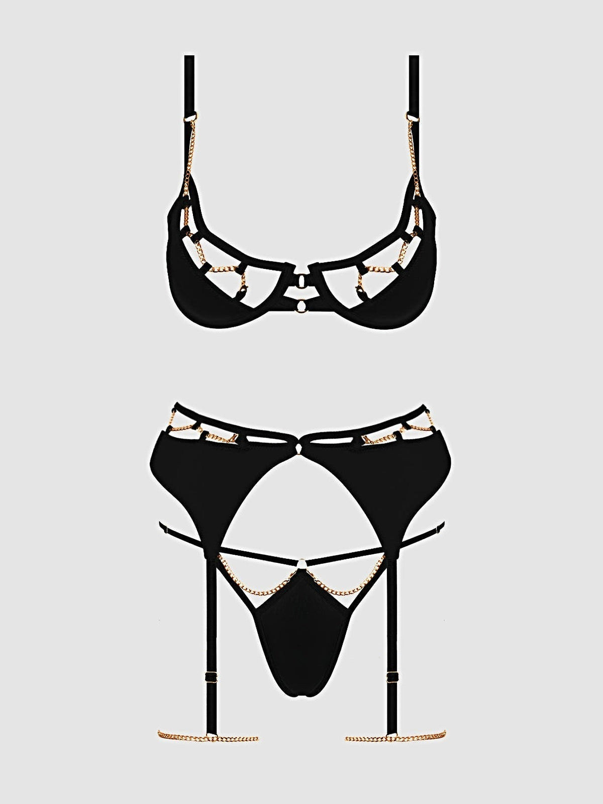 EVANGELINE SATIN & CHAIN BRA, THIGH GARTER & G-STRING SET -