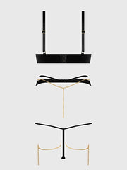 EVANGELINE SATIN & CHAIN BRA, THIGH GARTER & G-STRING SET -