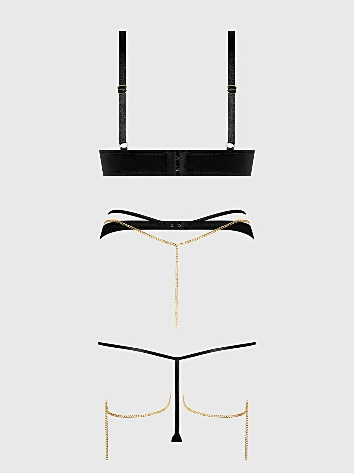 EVANGELINE SATIN & CHAIN BRA, THIGH GARTER & G-STRING SET -