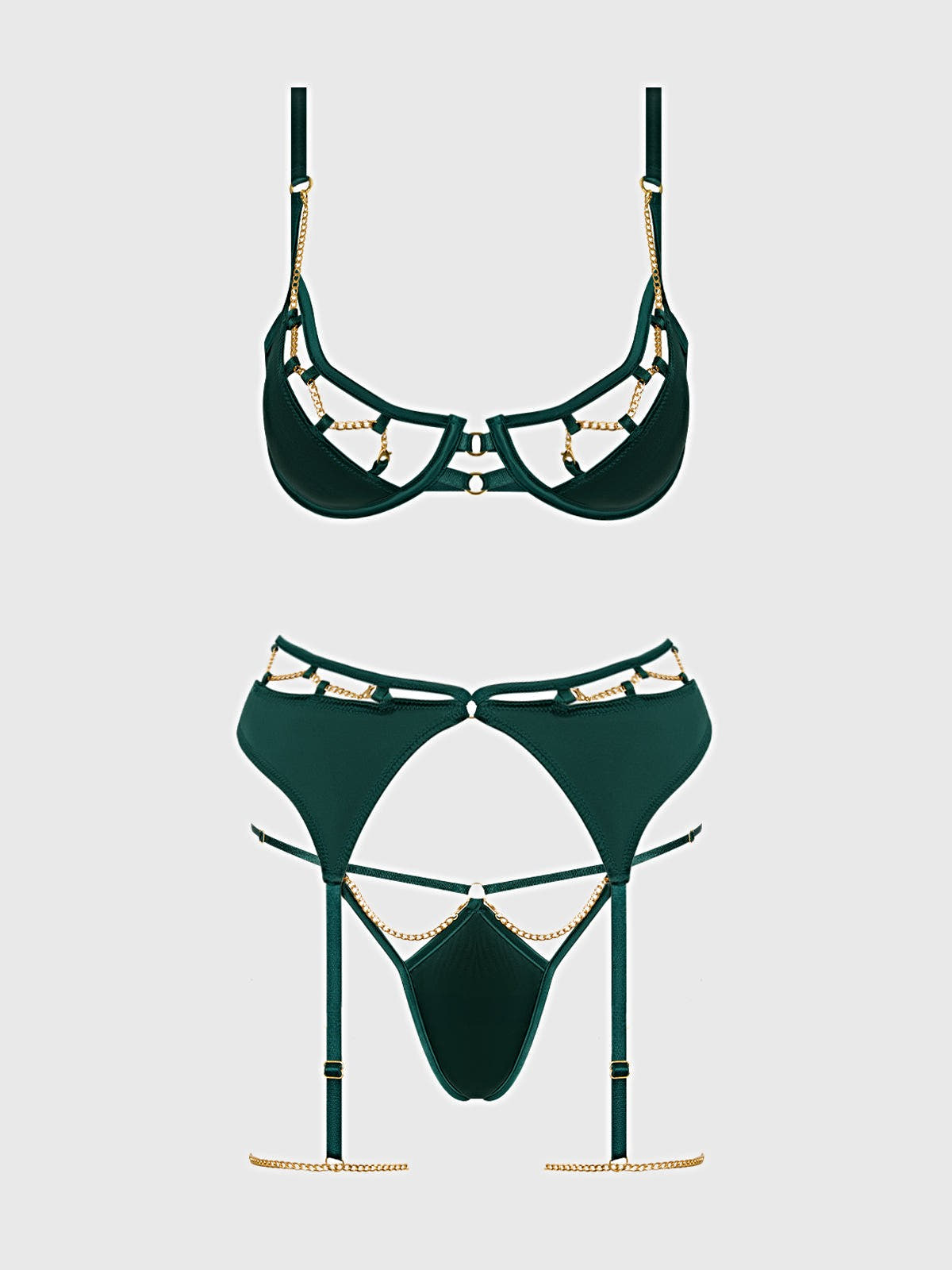 EVANGELINE SATIN & CHAIN BRA, THIGH GARTER & G-STRING SET -