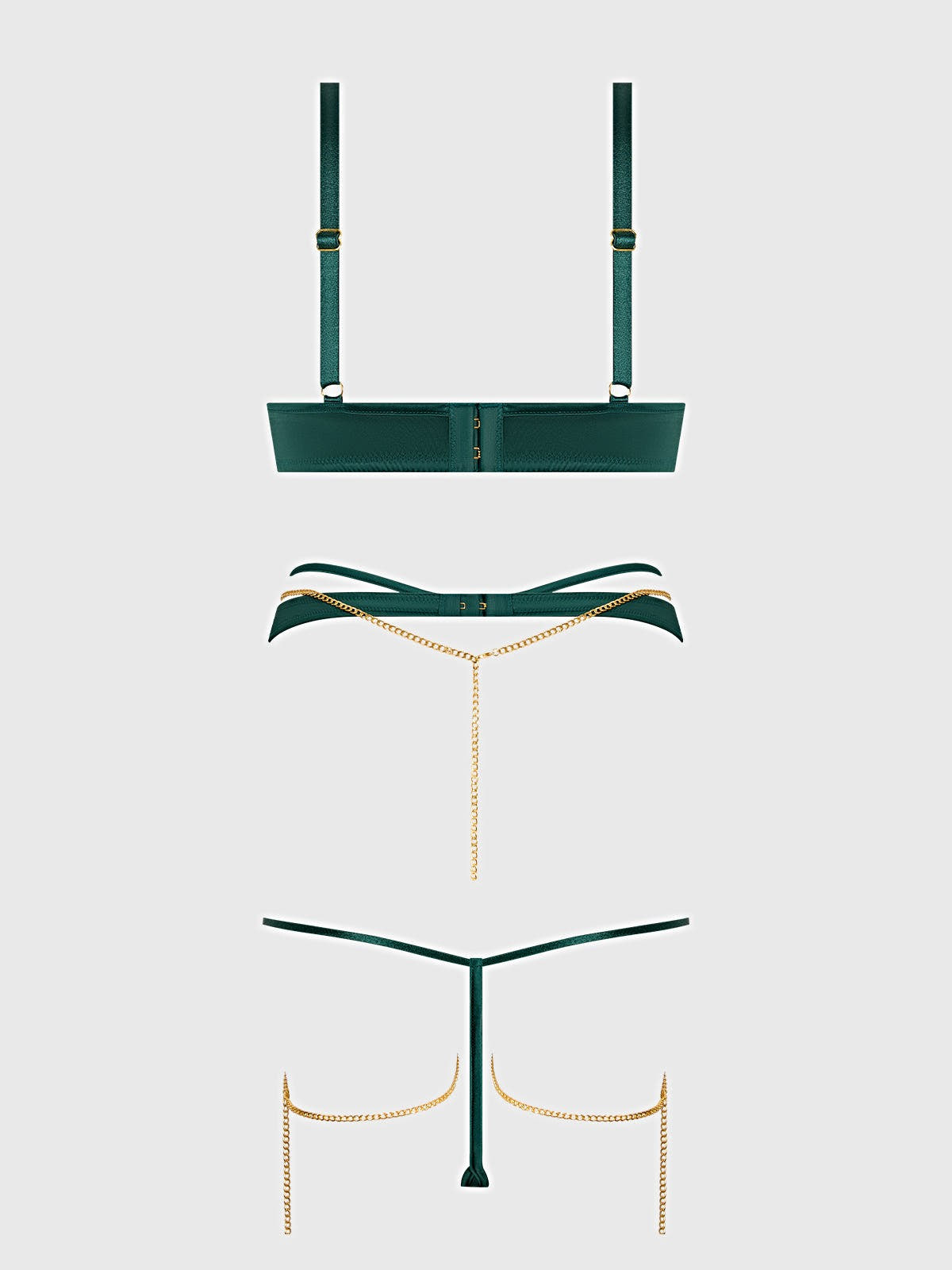 EVANGELINE SATIN & CHAIN BRA, THIGH GARTER & G-STRING SET -