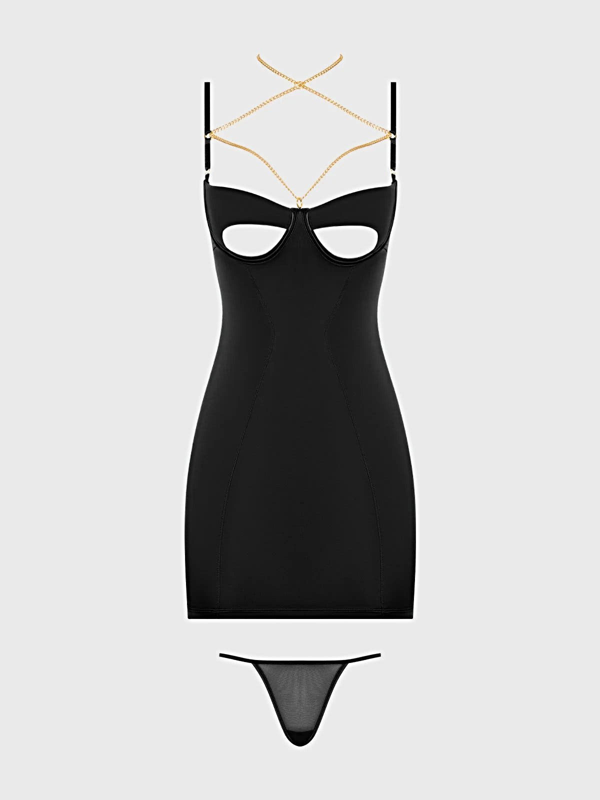 EVANGELINE SATIN & CHAIN CUTOUT CUP & OPEN BACK CHEMISE SET -