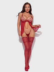 ANGELINA LIPS EMBROIDERY BABYDOLL & BOW G-STRING SET -
