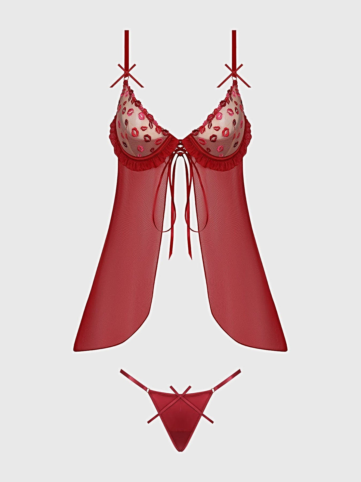 ANGELINA LIPS EMBROIDERY BABYDOLL & BOW G-STRING SET -