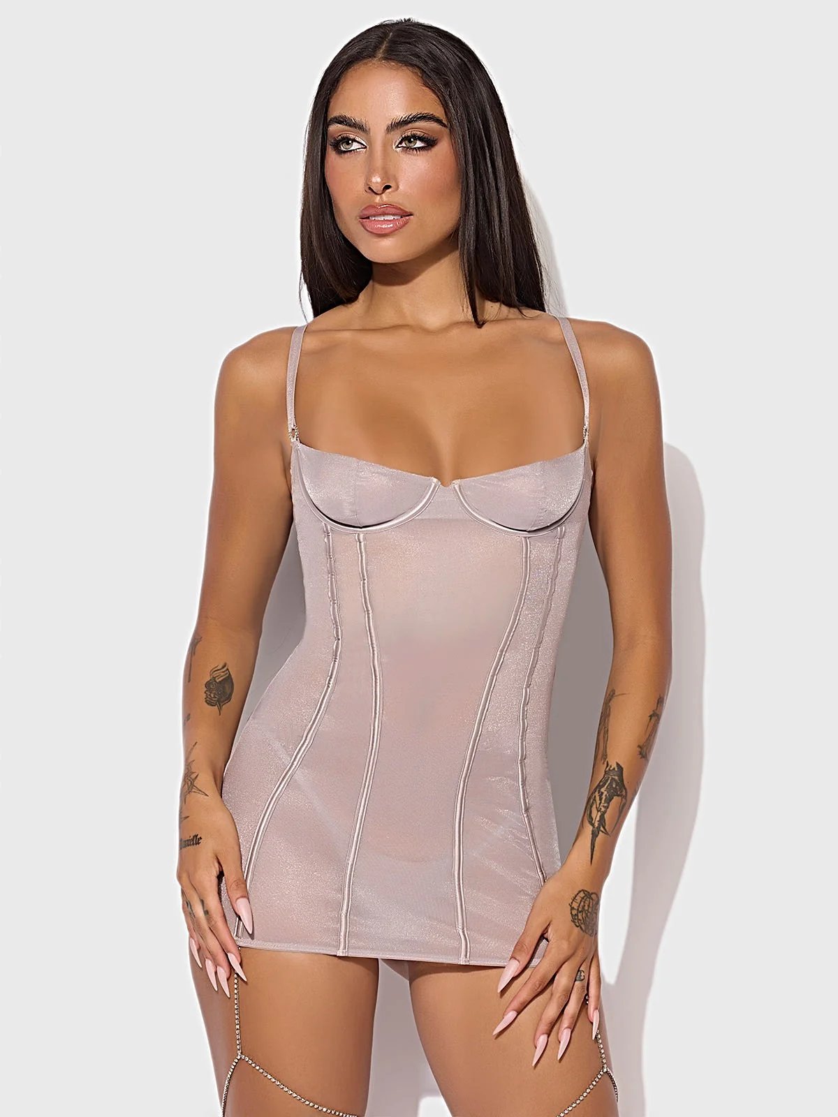 PRESLEY SHINE MESH & RHINESTONE CHEMISE & G-STRING SET -