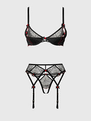 ILENA EMBROIDERED TULLE BRA, GARTER & CROTCHLESS BIKINI -