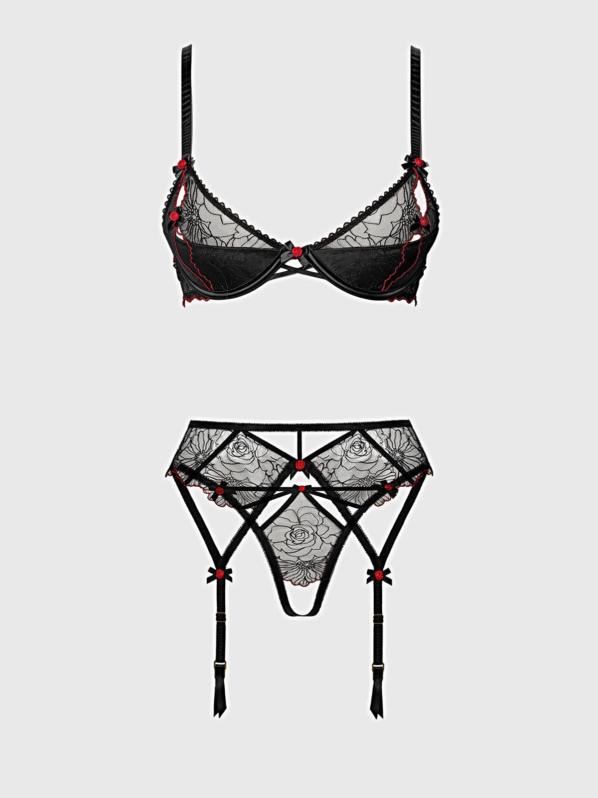 ILENA EMBROIDERED TULLE BRA, GARTER & CROTCHLESS BIKINI -