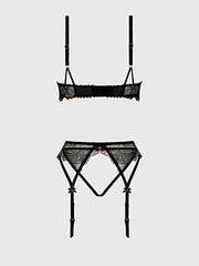 ILENA EMBROIDERED TULLE BRA, GARTER & CROTCHLESS BIKINI -