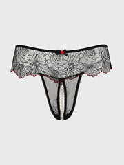 ILENA EMBROIDERED TULLE & PEARL CROTCHLESS THONG -