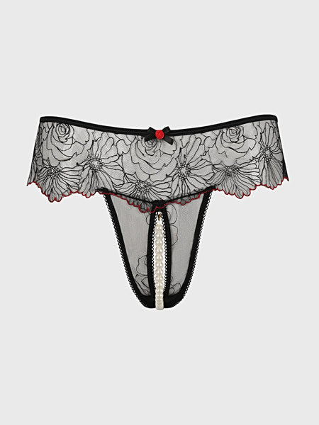 ILENA EMBROIDERED TULLE & PEARL CROTCHLESS THONG -