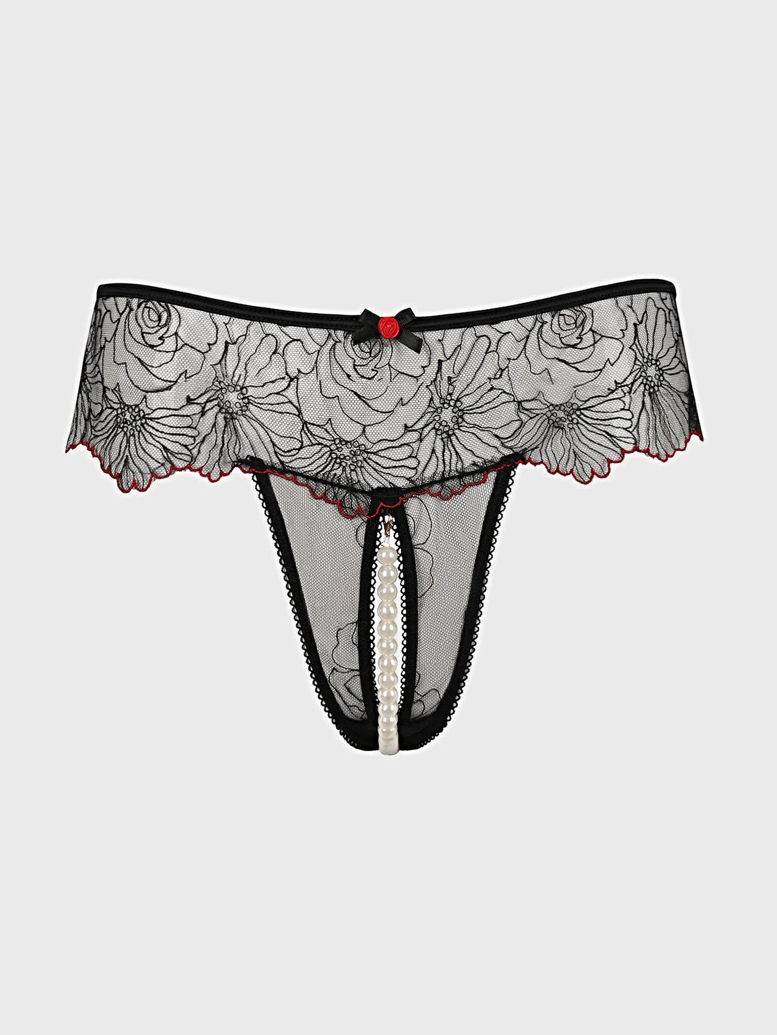 ILENA EMBROIDERED TULLE & PEARL CROTCHLESS THONG -