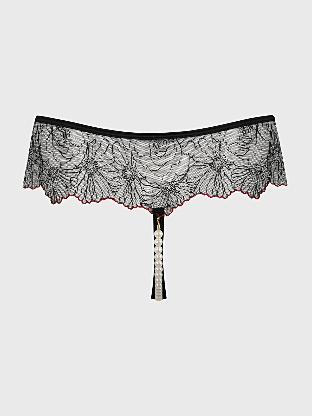 ILENA EMBROIDERED TULLE & PEARL CROTCHLESS THONG -