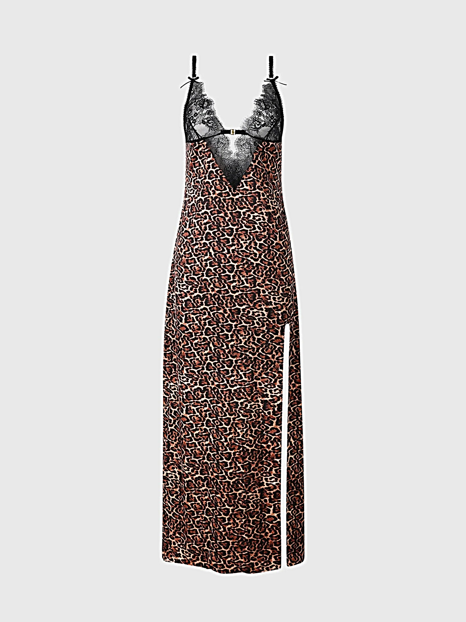 Devon Leopard Print Gown With Sheer Lace Bodice, Side Slit And Matching Side Slip -