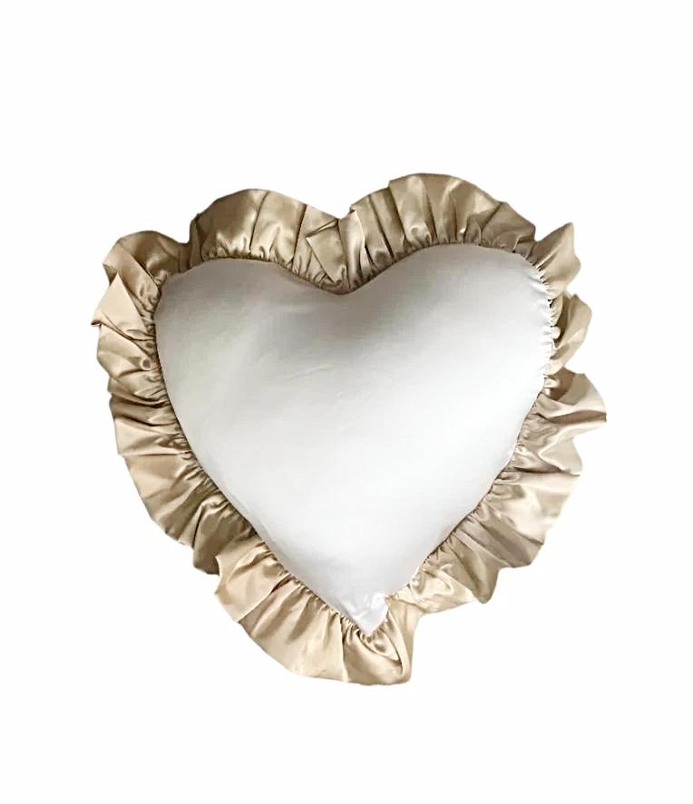Luxury Heart Shape Pillow - Custom Made Lingerie Satin with Ruffled Trim in White/Beige - 18" x 18". Perfect heart shape pillow to enhance any decor with its elegant design.