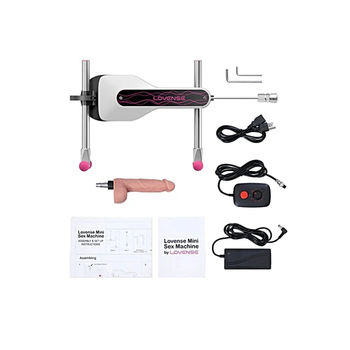 Complete Lovense Compact Sex Machine set including accessories, highlighting its luxury appeal and utility for personalized pleasure.