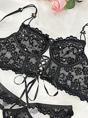 Black Pearls Small Flower Lace Lingerie Set - 2 pcs set