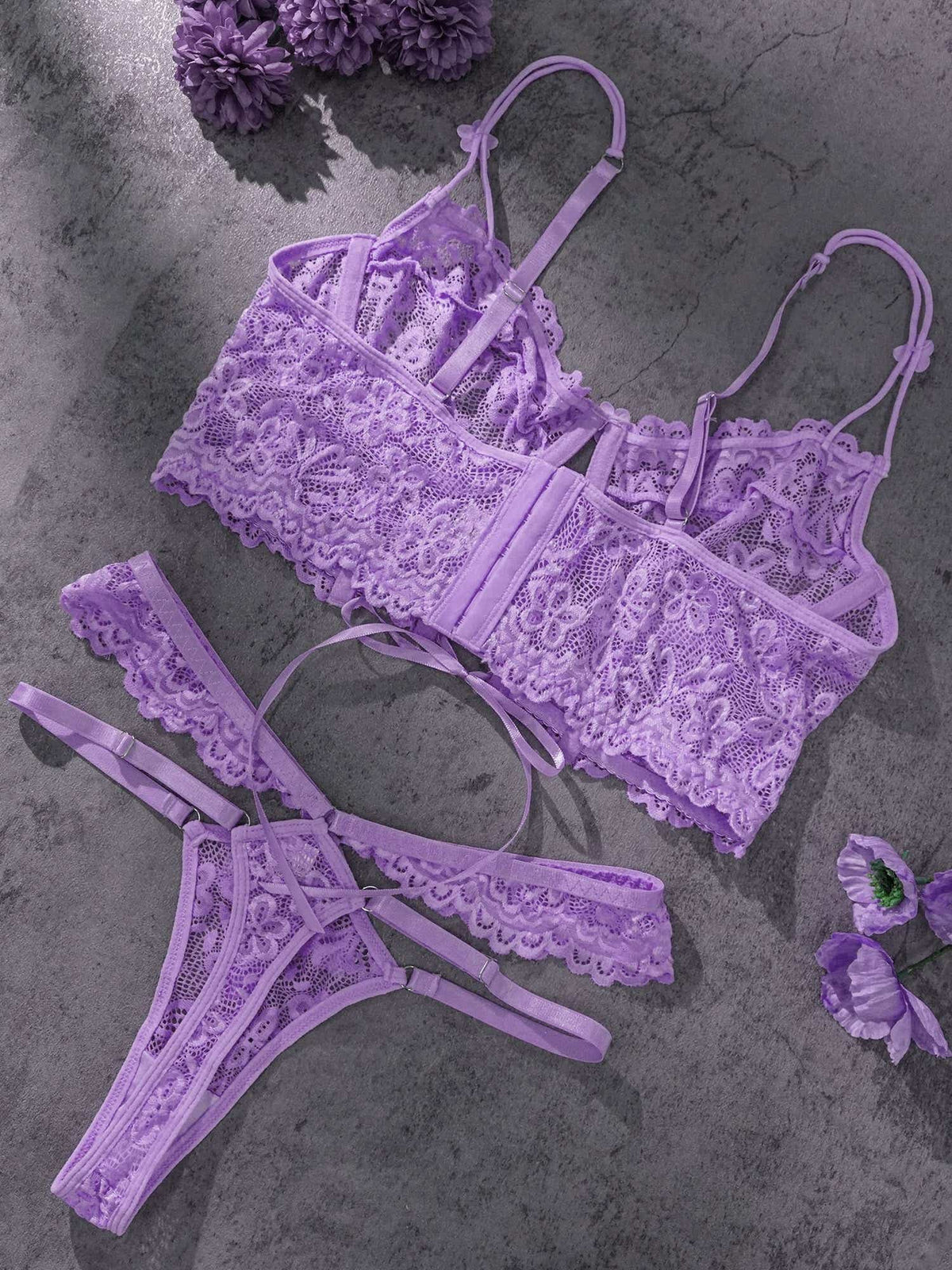 Luxury styling of Lavender Lace Bralette and Thong Set featuring the soft lace bralette and thong adorned with stunning 3D floral embroidery and pearl accents.