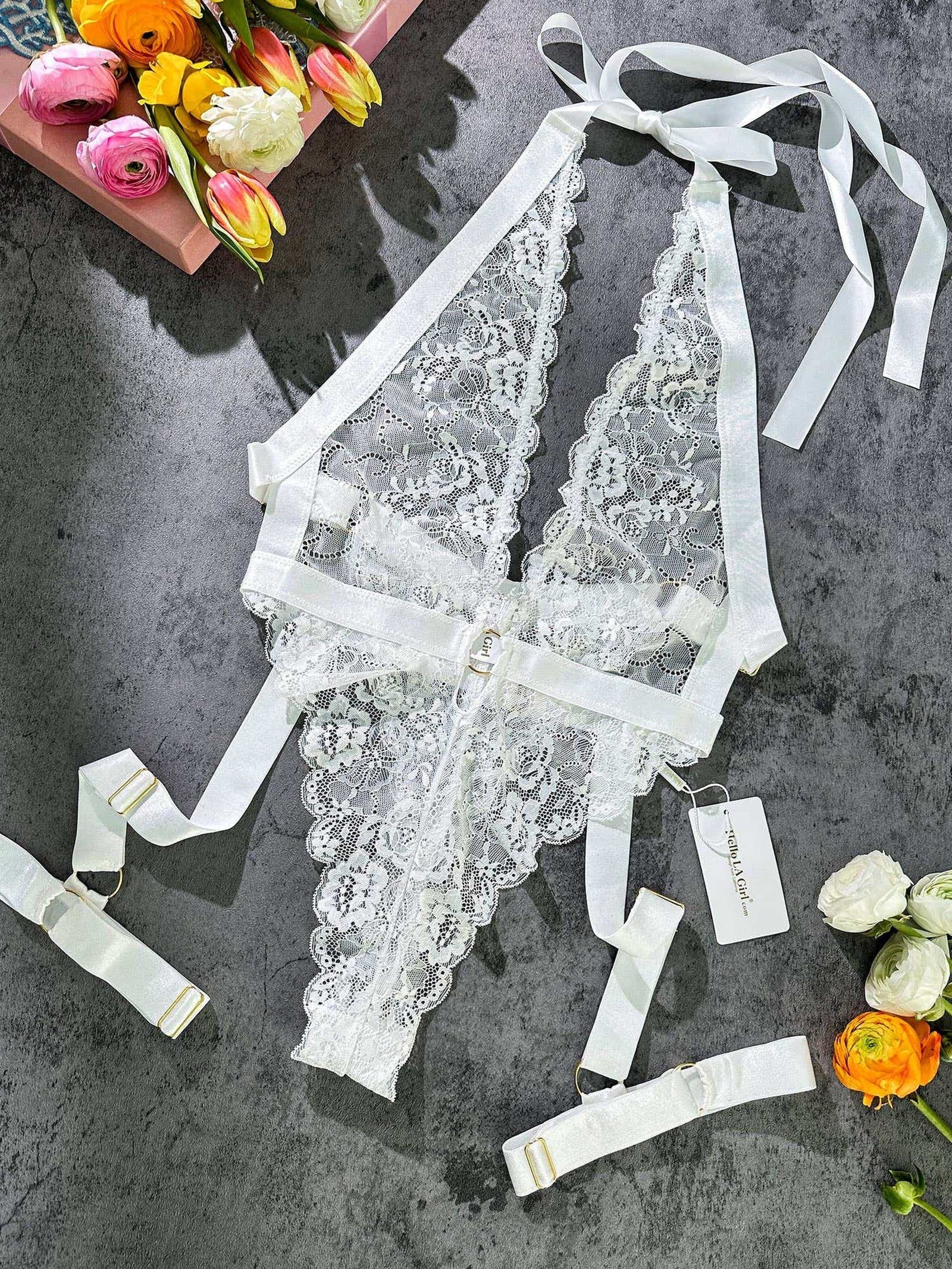 White Sexy Lace Suspenders Shapewear - 1 PC Bodysuit