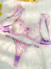 Purple Butterfly Bow Embroidered Flower Lingerie Set - 2 pcs set